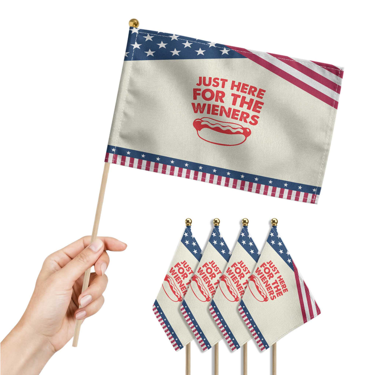 4th of July Just Here For The Wieners Patriotic Handheld Flag Funny Hot Dog Independence Day Weenies TS10 Print Your Wear