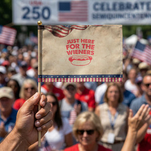4th of July Just Here For The Wieners Patriotic Handheld Flag Funny Hot Dog Independence Day Weenies TS10 Vintage 8.2" × 5.5" Rustic Tan Navy Print Your Wear
