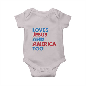 Loves Jesus and America Too Baby Onesie 4th of July Patriotic TS10 Ice Gray Print Your Wear