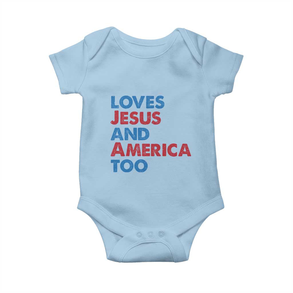 Loves Jesus and America Too Baby Onesie 4th of July Patriotic TS10 Light Blue Print Your Wear