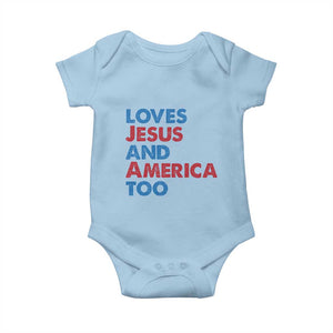 Loves Jesus and America Too Baby Onesie 4th of July Patriotic TS10 Light Blue Print Your Wear