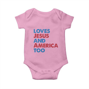 Loves Jesus and America Too Baby Onesie 4th of July Patriotic TS10 Light Pink Print Your Wear