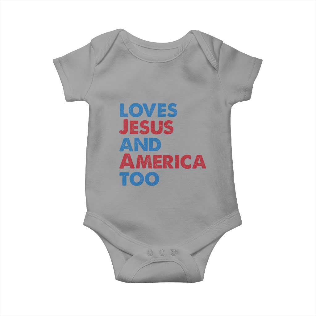 Loves Jesus and America Too Baby Onesie 4th of July Patriotic TS10 Sport Gray Print Your Wear