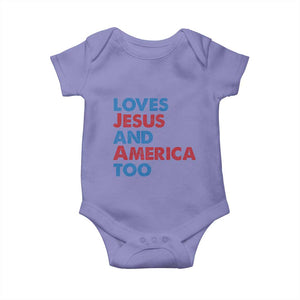 Loves Jesus and America Too Baby Onesie 4th of July Patriotic TS10 Violet Print Your Wear