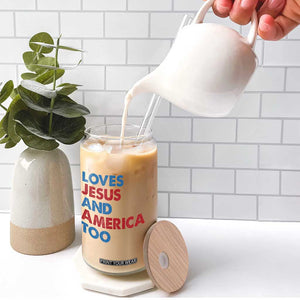 Loves Jesus and America Too Glass Can 4th of July Patriotic TS10 Print Your Wear
