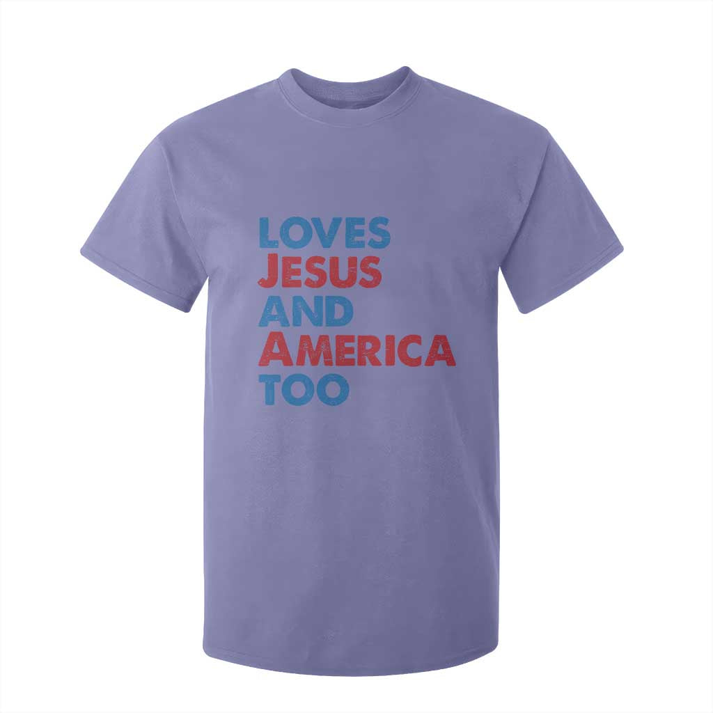Loves Jesus and America Too T Shirt For Kid 4th of July Patriotic TS10 Violet Print Your Wear