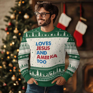 Loves Jesus and America Too Ugly Christmas Sweater 4th of July Patriotic TS10 Beige Green Print Your Wear
