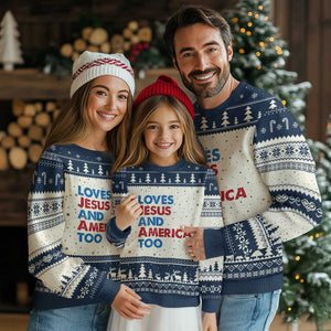 Loves Jesus and America Too Ugly Christmas Sweater 4th of July Patriotic TS10 Beige Navy Print Your Wear