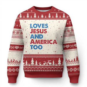 Loves Jesus and America Too Ugly Christmas Sweater 4th of July Patriotic TS10 Beige Red Print Your Wear