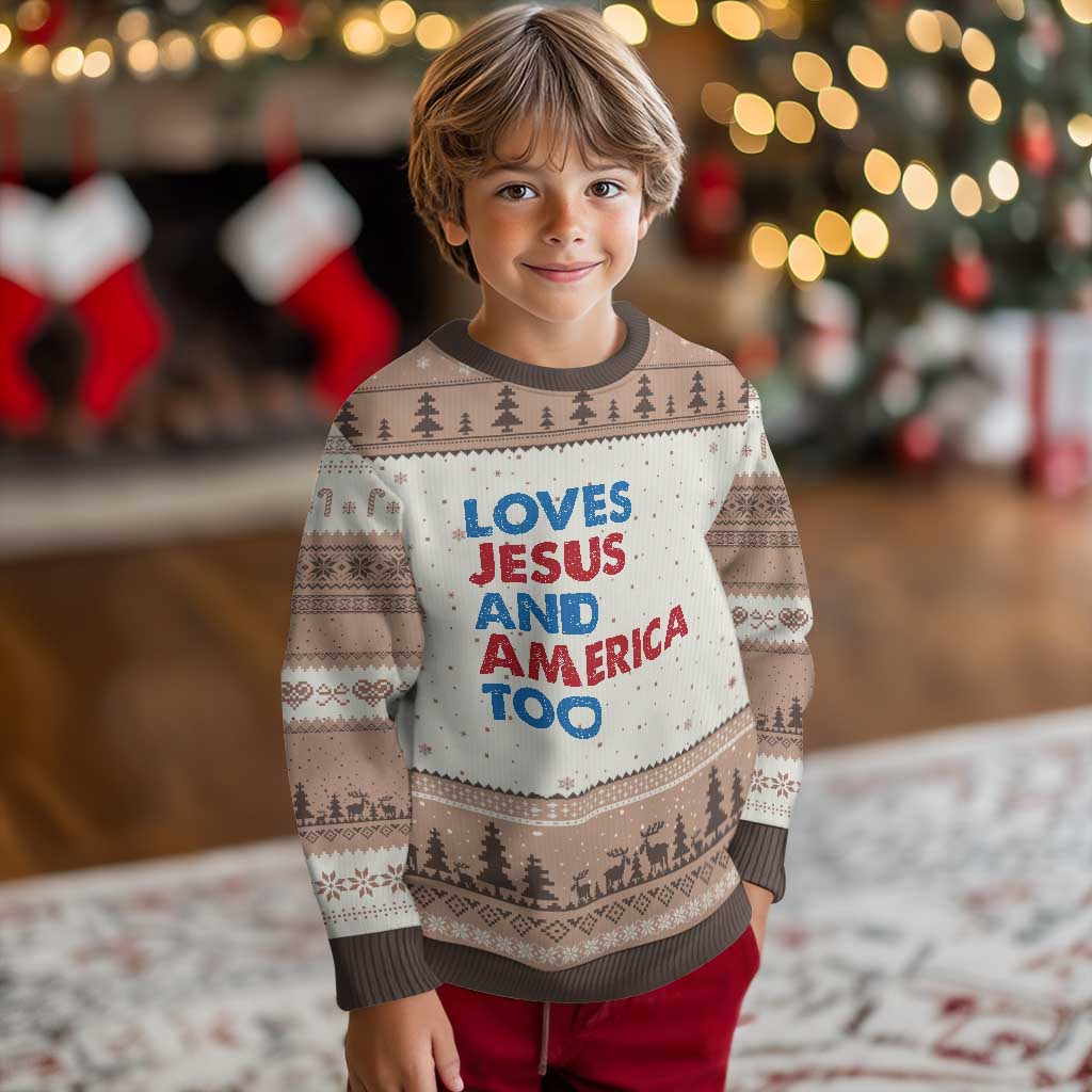 Loves Jesus and America Too Ugly Christmas Sweater 4th of July Patriotic TS10 Mocha Mousse Print Your Wear