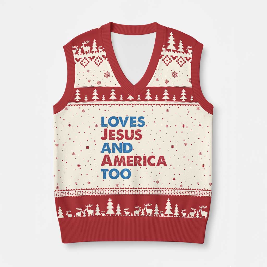 Loves Jesus and America Too V-Neck Knit Sweater Vest 4th of July Patriotic TS10 Beige Red Print Your Wear