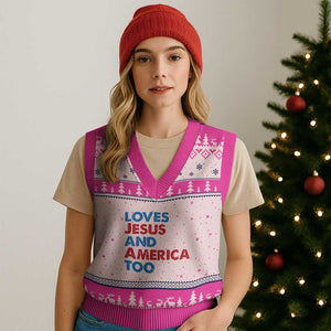 Loves Jesus and America Too V-Neck Knit Sweater Vest 4th of July Patriotic TS10 Hot Pink Print Your Wear