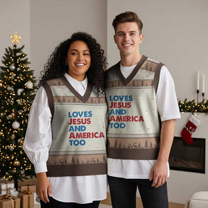 Loves Jesus and America Too V-Neck Knit Sweater Vest 4th of July Patriotic TS10 Mocha Mousse Print Your Wear
