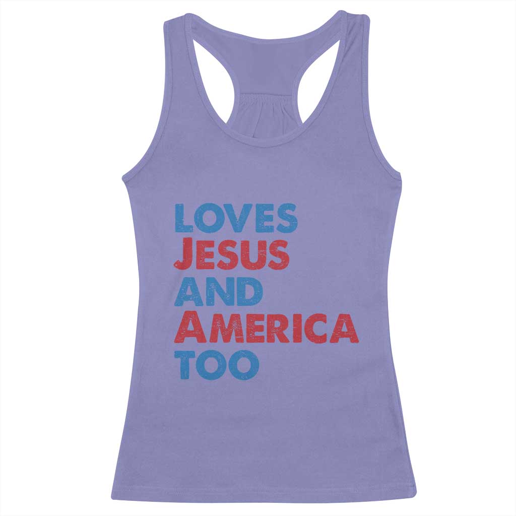 Loves Jesus and America Too Racerback Tank Top 4th of July Patriotic TS10 Violet Print Your Wear