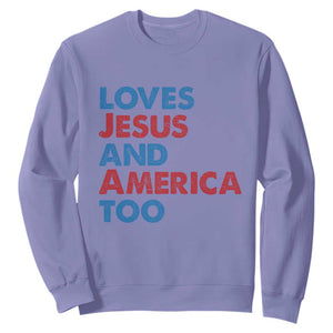 Loves Jesus and America Too Sweatshirt 4th of July Patriotic TS10 Violet Print Your Wear