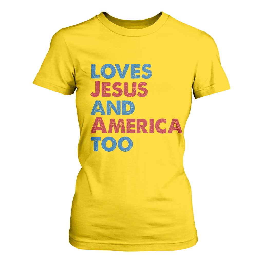 Loves Jesus and America Too T Shirt For Women 4th of July Patriotic TS10 Daisy Print Your Wear