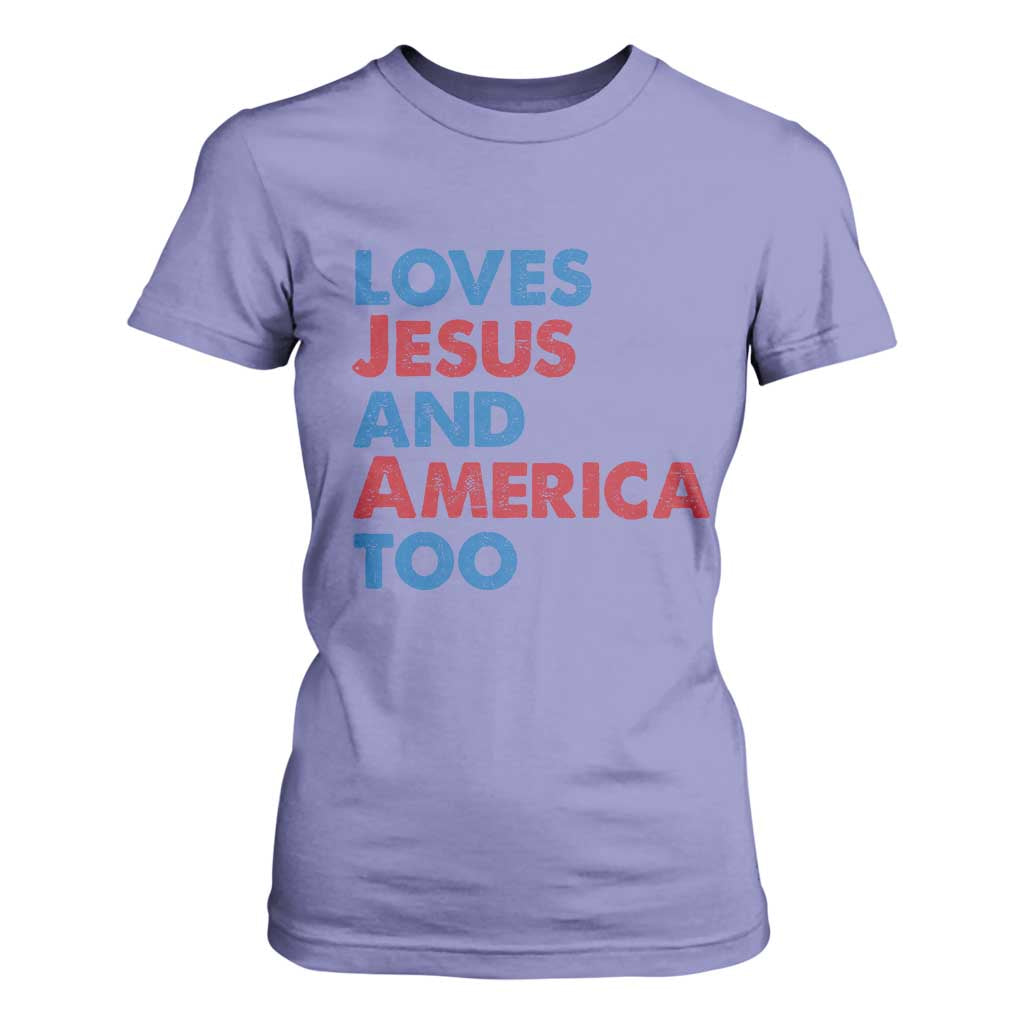 Loves Jesus and America Too T Shirt For Women 4th of July Patriotic TS10 Violet Print Your Wear