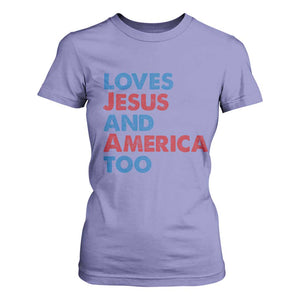 Loves Jesus and America Too T Shirt For Women 4th of July Patriotic TS10 Violet Print Your Wear