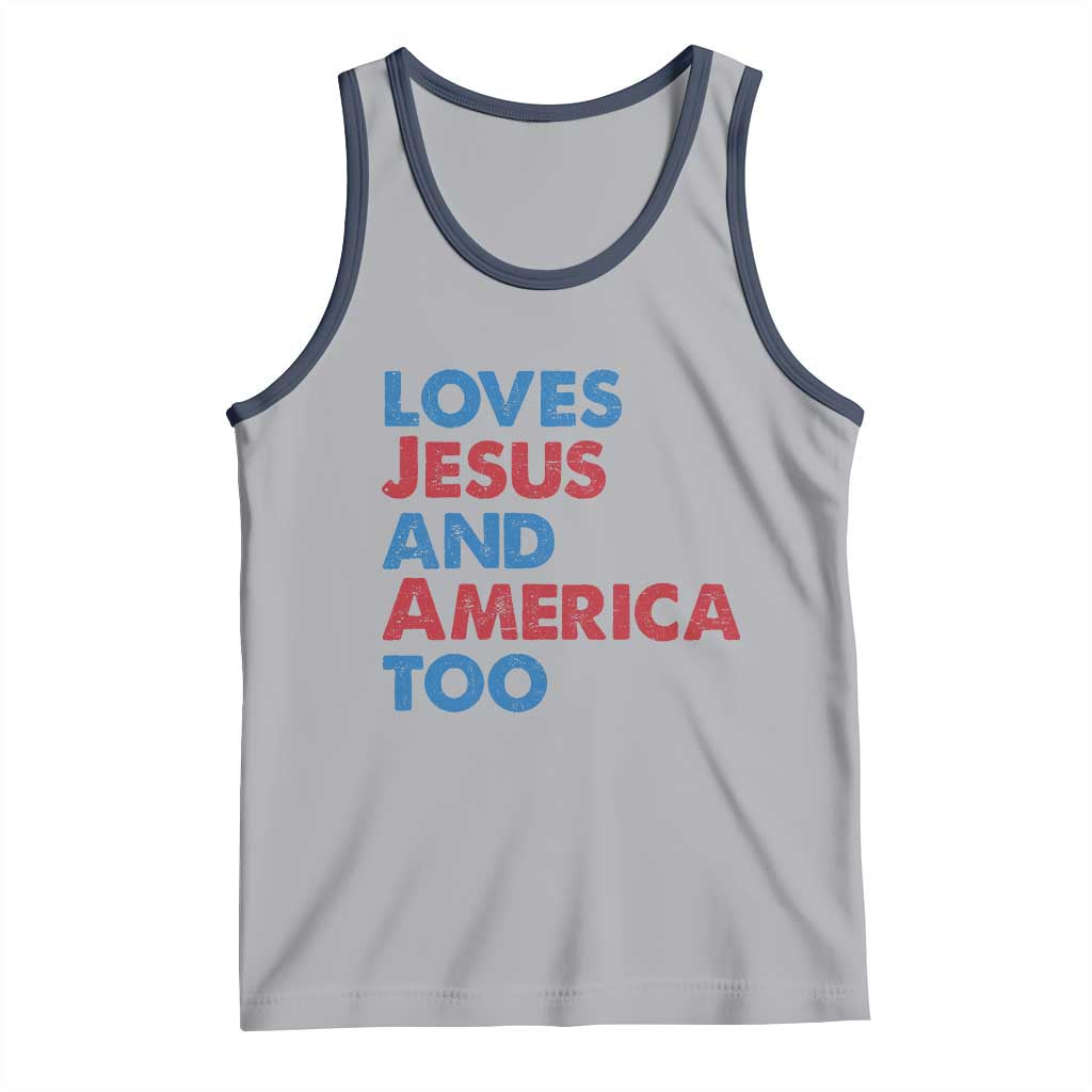 Loves Jesus and America Too Tank Top 4th of July Patriotic TS10 Athletic Heather Navy Print Your Wear