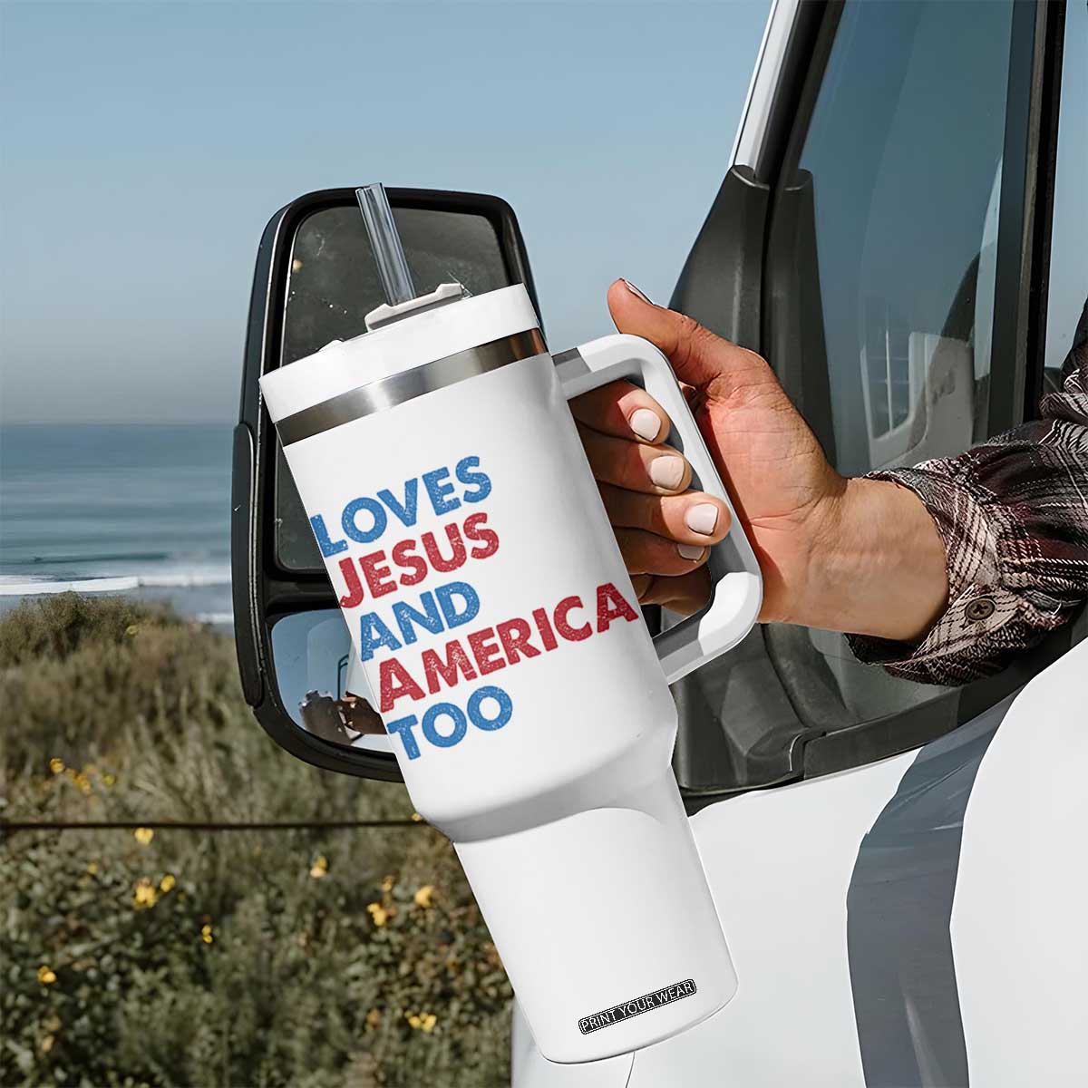 Loves Jesus and America Too Tumbler With Handle 4th of July Patriotic TS10 Print Your Wear
