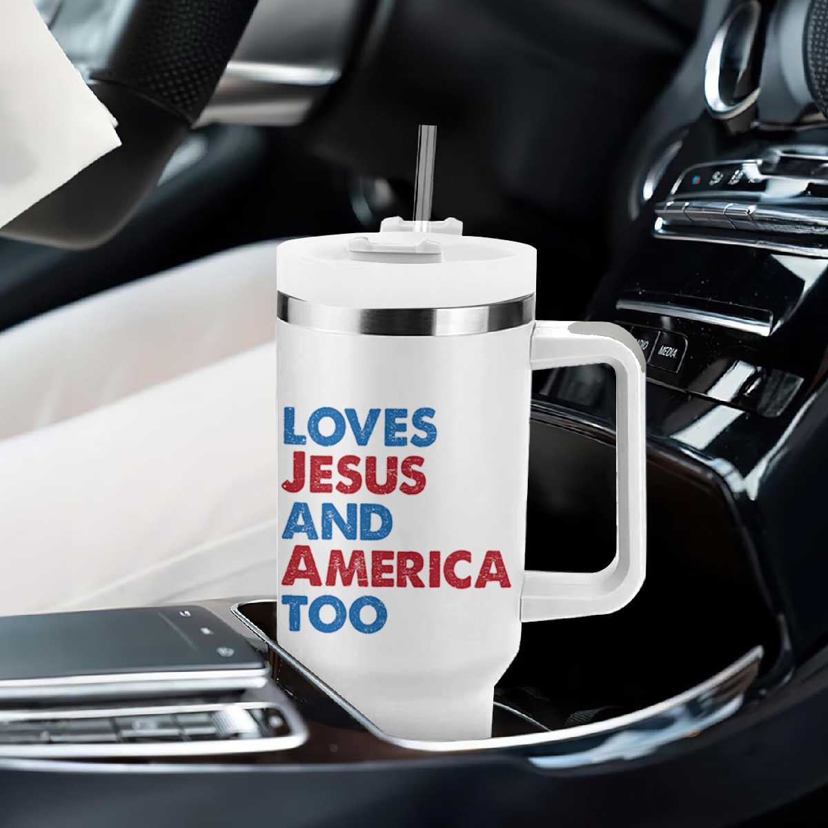 Loves Jesus and America Too Tumbler With Handle 4th of July Patriotic TS10 Print Your Wear