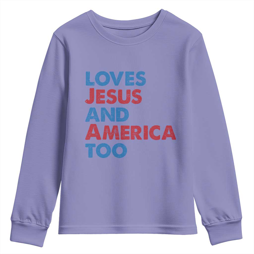 Loves Jesus and America Too Youth Sweatshirt 4th of July Patriotic TS10 Violet Print Your Wear