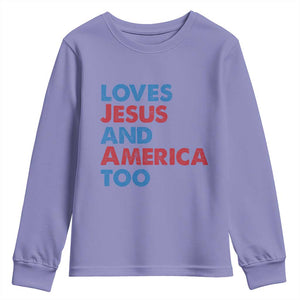 Loves Jesus and America Too Youth Sweatshirt 4th of July Patriotic TS10 Violet Print Your Wear