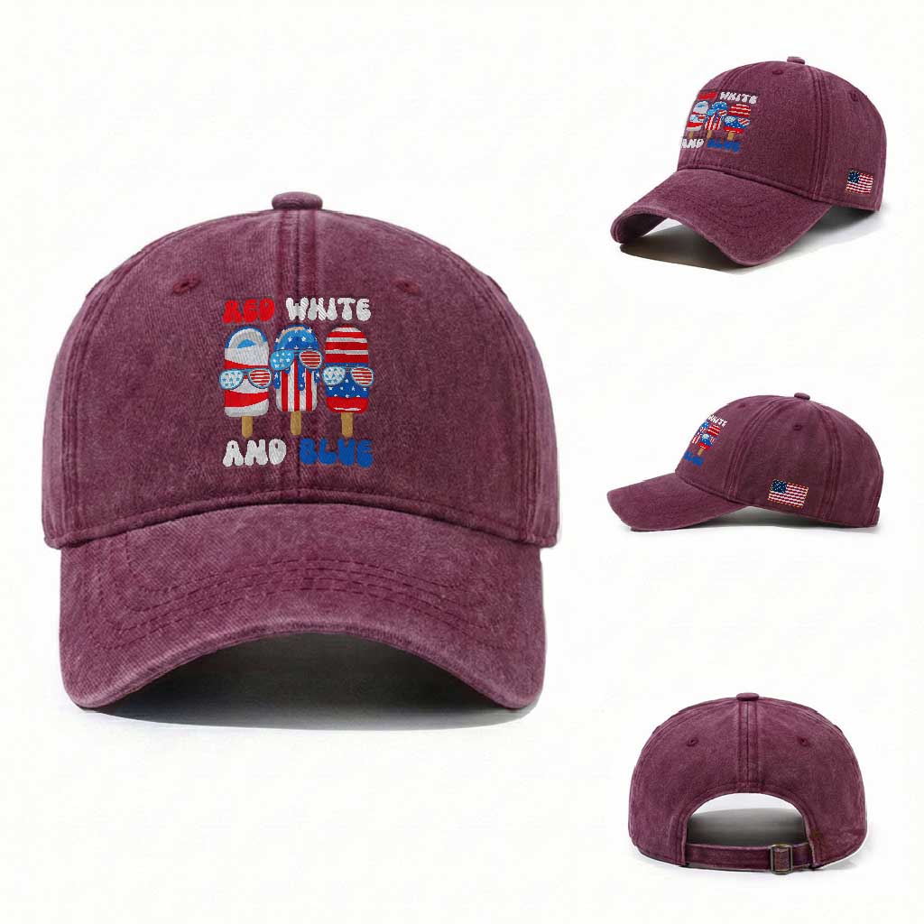 Red White Blue Popsicle 4th of July Washed Cotton Baseball Cap Patriotic USA Flag TS10 Washed Cap Universal Fit Burgundy Print Your Wear