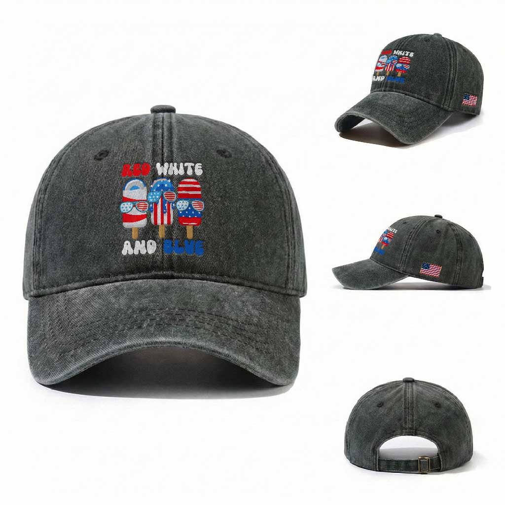 Red White Blue Popsicle 4th of July Washed Cotton Baseball Cap Patriotic USA Flag TS10 Washed Cap Universal Fit Dark Green Print Your Wear