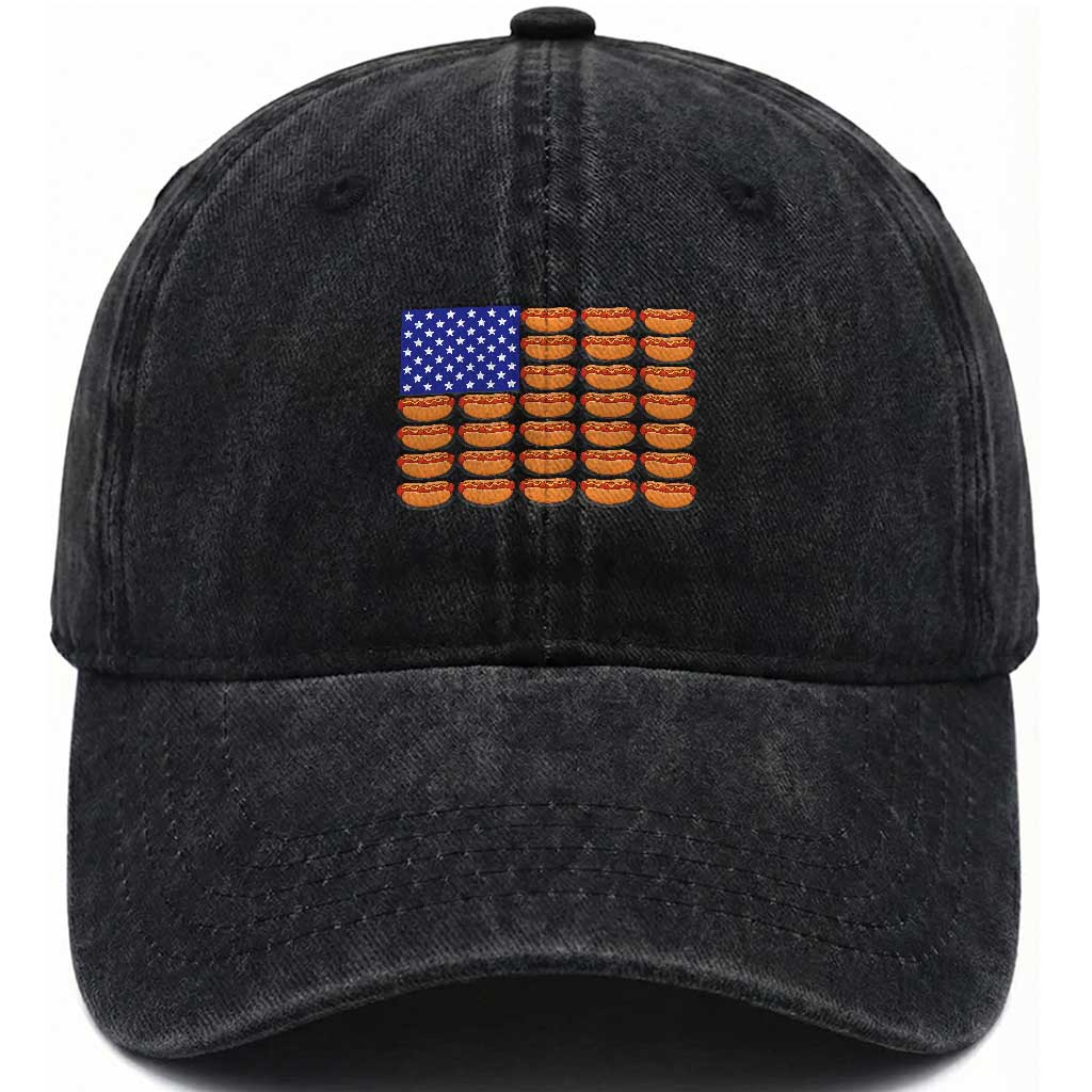 Hot Dog American Flag Washed Cotton Baseball Cap Funny 4th Of July Patriotic Summer BBQ TS10 Washed Cap Universal Fit Black Print Your Wear