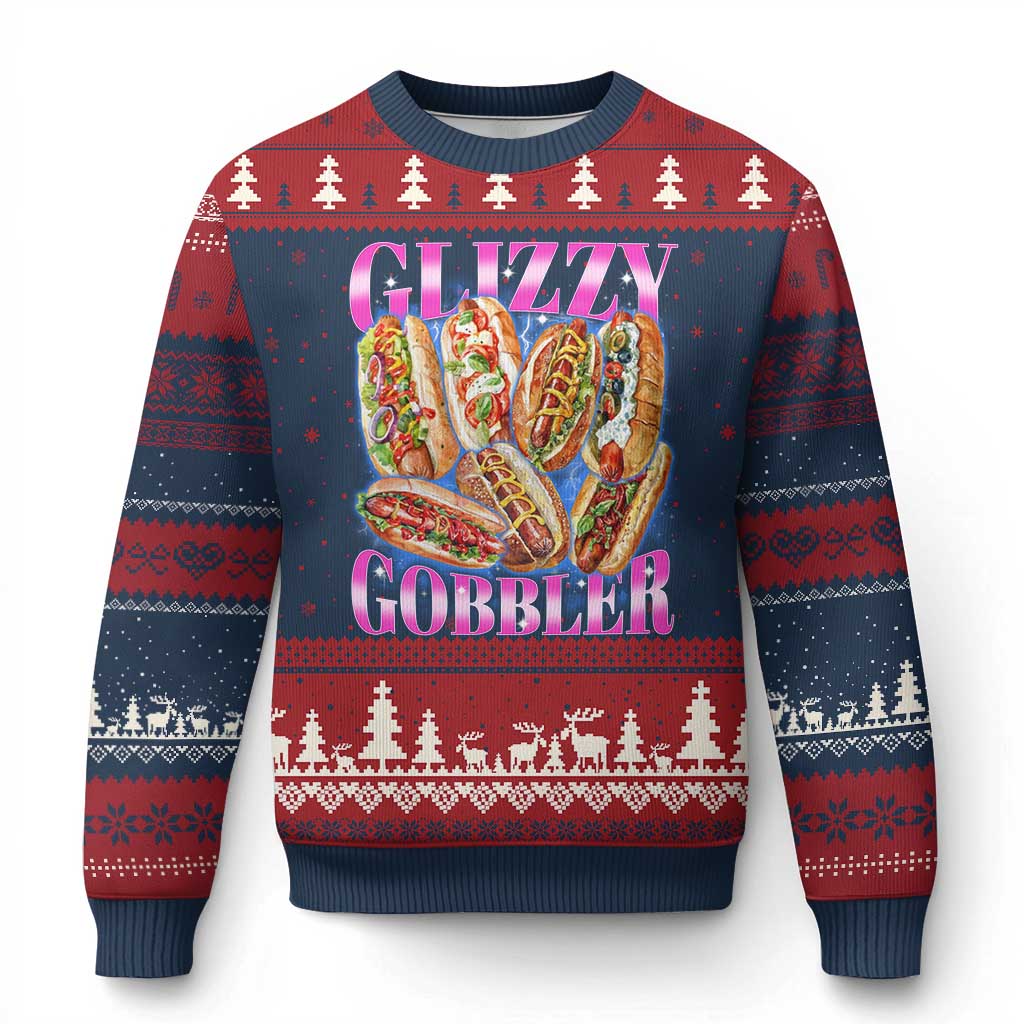 Glizzy Gobbler Hot Dog Meme Ugly Christmas Sweater Meme Hilarious Hotdog Glizzy Lovers TS10 Navy Red Print Your Wear