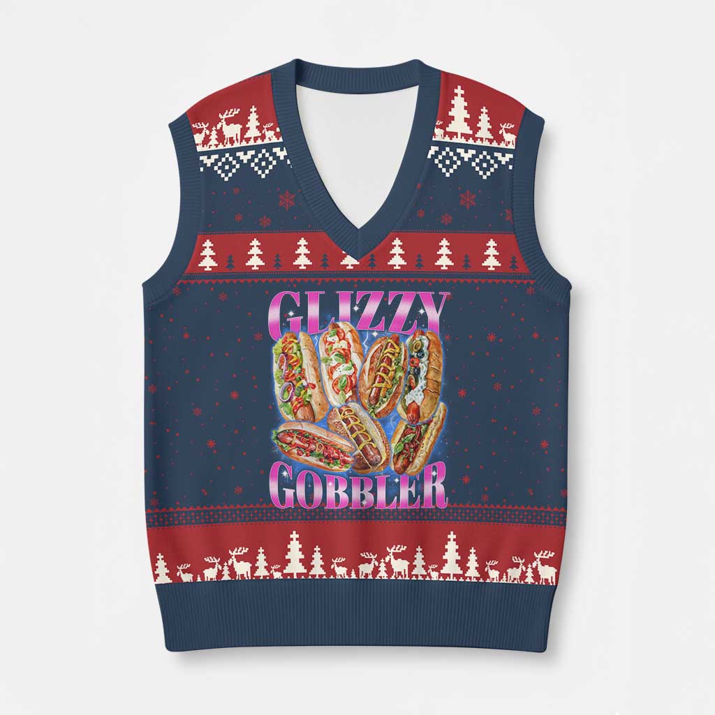 Glizzy Gobbler Hot Dog Meme V-Neck Knit Sweater Vest Meme Hilarious Hotdog Glizzy Lovers TS10 Navy Red Print Your Wear