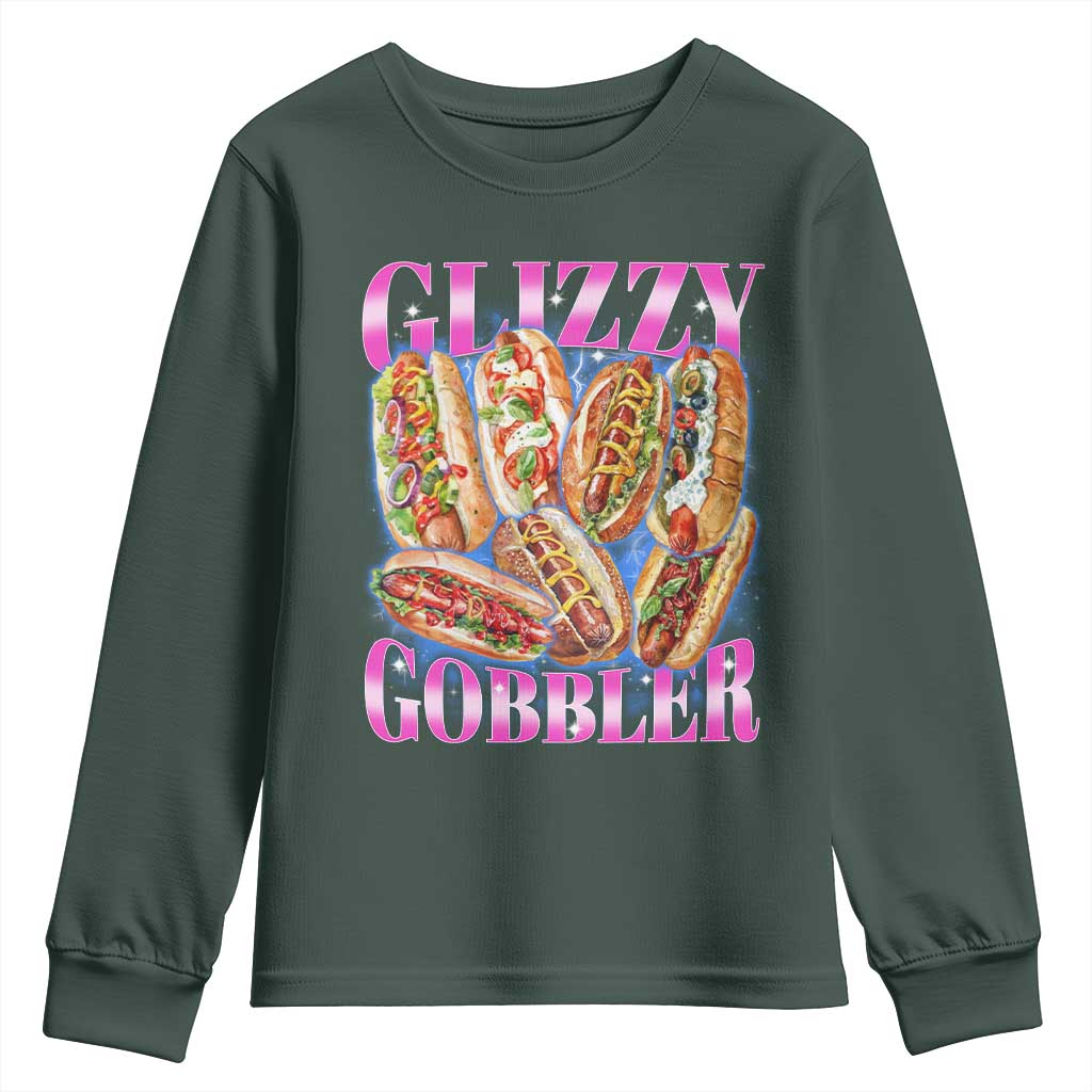 Glizzy Gobbler Hot Dog Meme Youth Sweatshirt Meme Hilarious Hotdog Glizzy Lovers TS10 Dark Forest Green Print Your Wear