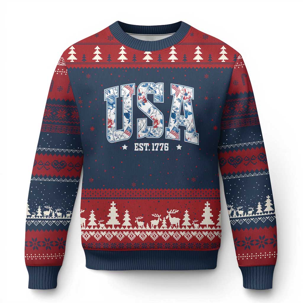 Floral USA Ugly Christmas Sweater Est 1776 Patriotic American Girl 4th of July TS10 Navy Red Print Your Wear