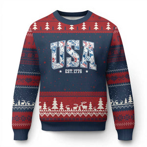 Floral USA Ugly Christmas Sweater Est 1776 Patriotic American Girl 4th of July TS10 Navy Red Print Your Wear