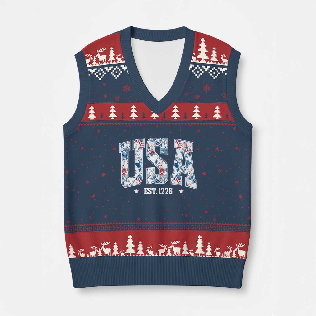 Floral USA V-Neck Knit Sweater Vest Est 1776 Patriotic American Girl 4th of July TS10 Navy Red Print Your Wear