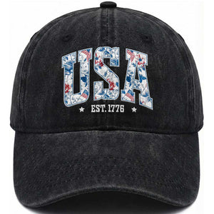 Floral USA Washed Cotton Baseball Cap Est 1776 Patriotic American Girl 4th of July TS10 Washed Cap Universal Fit Black Print Your Wear