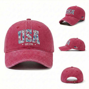 Floral USA Washed Cotton Baseball Cap Est 1776 Patriotic American Girl 4th of July TS10 Washed Cap Universal Fit Red Print Your Wear