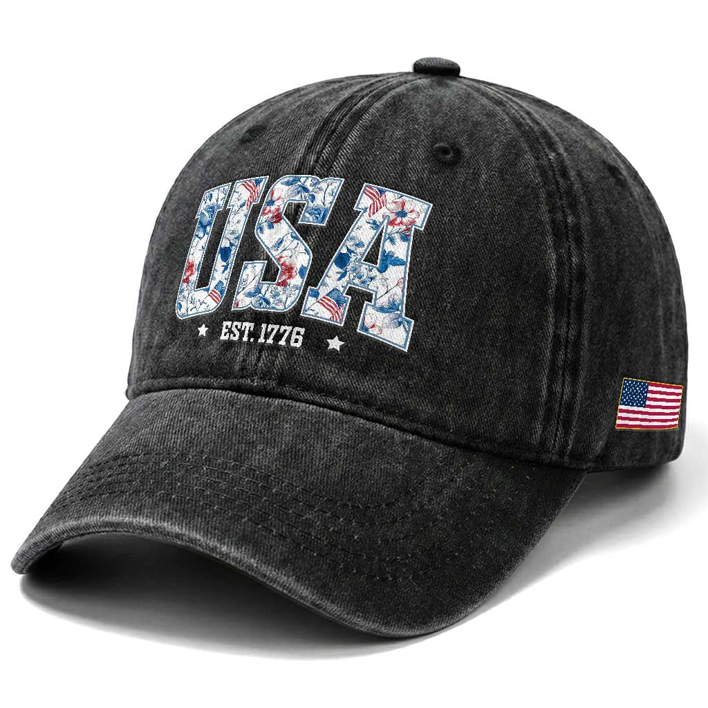 Floral USA Washed Cotton Baseball Cap Est 1776 Patriotic American Girl 4th of July TS10 Print Your Wear