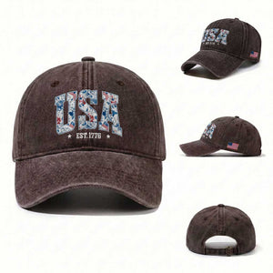 Floral USA Washed Cotton Baseball Cap Est 1776 Patriotic American Girl 4th of July TS10 Washed Cap Universal Fit Dark Brown Print Your Wear