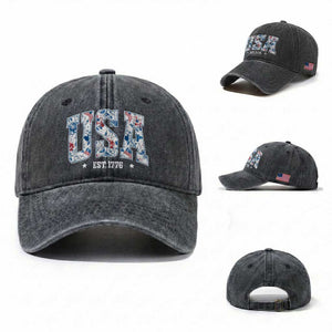 Floral USA Washed Cotton Baseball Cap Est 1776 Patriotic American Girl 4th of July TS10 Washed Cap Universal Fit Dark Gray Print Your Wear