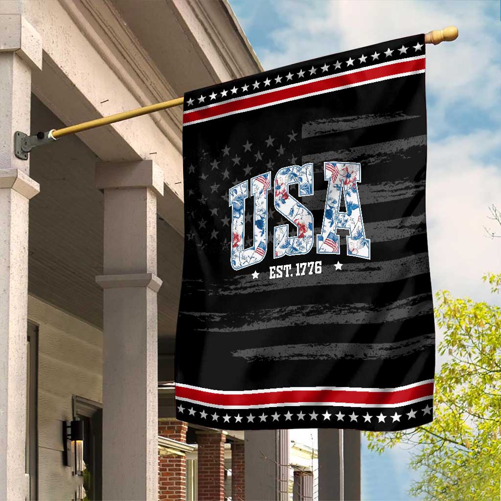 Floral USA Garden Flag Est 1776 Patriotic American Girl 4th of July TS10 Distressed Black Red Print Your Wear