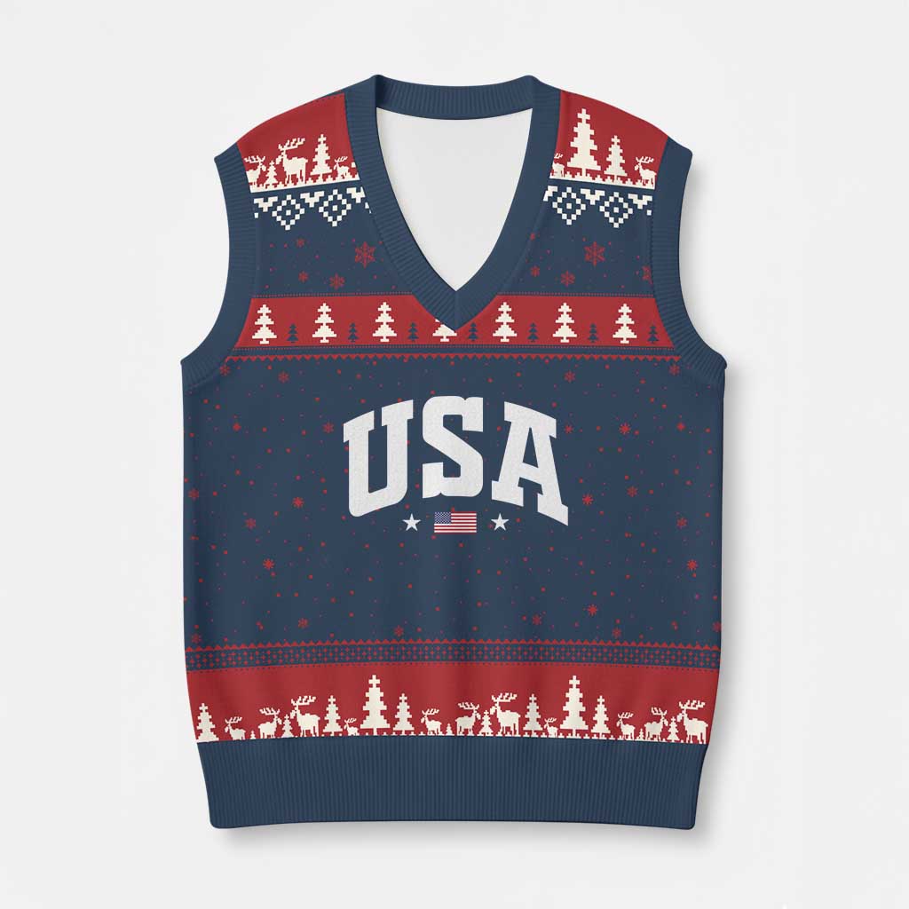 USA V-Neck Knit Sweater Vest American Flag Patriotic 4th of July TS10 Navy Red Print Your Wear
