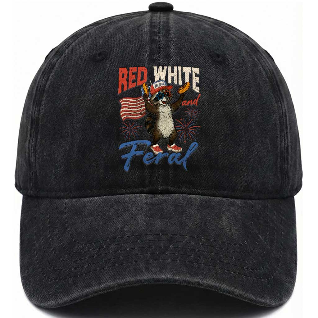 Funny Raccoon July 4th Washed Cotton Baseball Cap Red White and Feral Patriotic Trash Panda TS10 Washed Cap Universal Fit Black Print Your Wear
