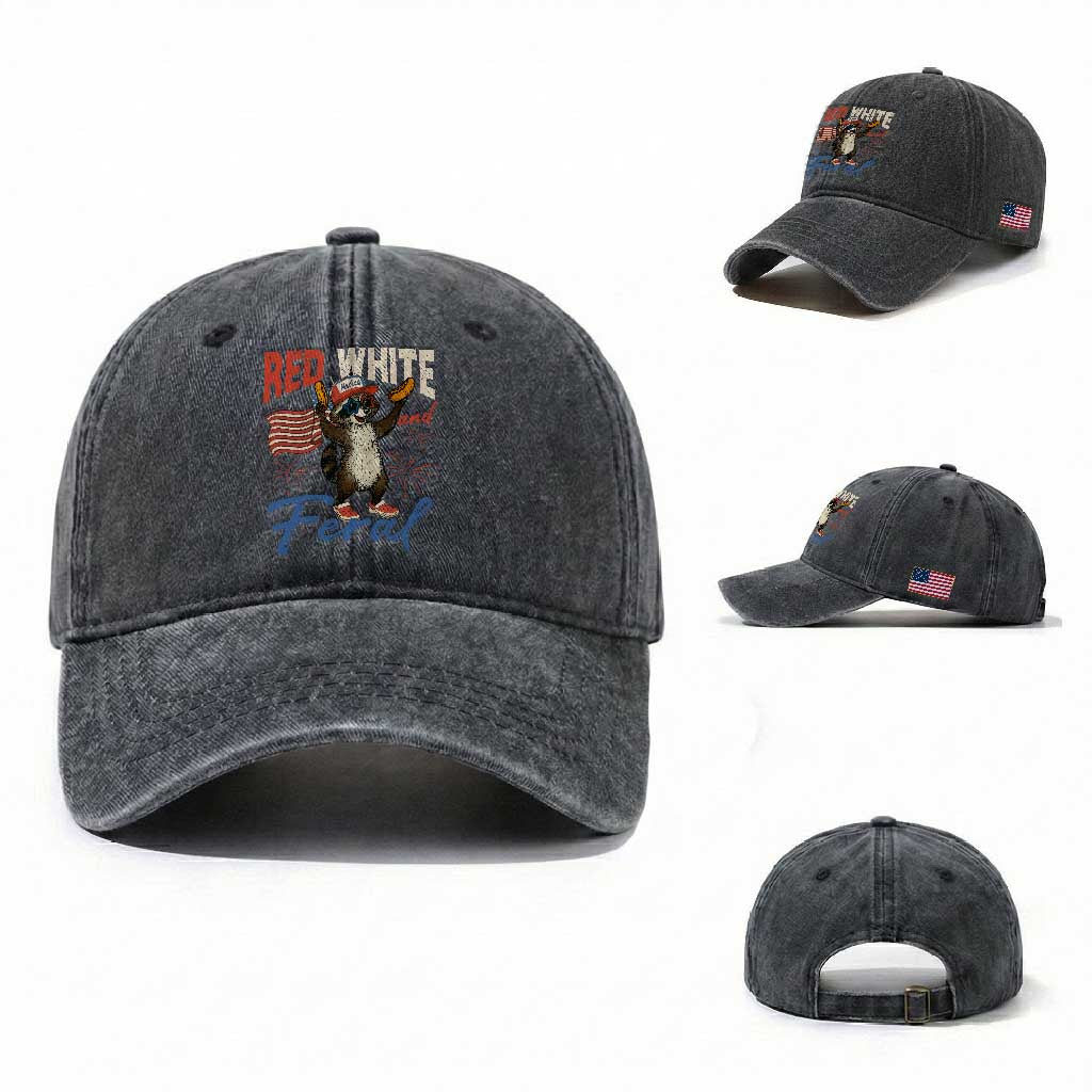 Funny Raccoon July 4th Washed Cotton Baseball Cap Red White and Feral Patriotic Trash Panda TS10 Washed Cap Universal Fit Dark Gray Print Your Wear
