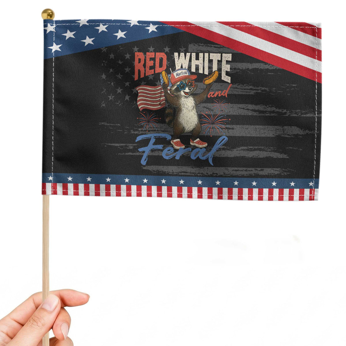 Funny Raccoon July 4th Patriotic Handheld Flag Red White and Feral Trash Panda TS10 Distressed 8.2