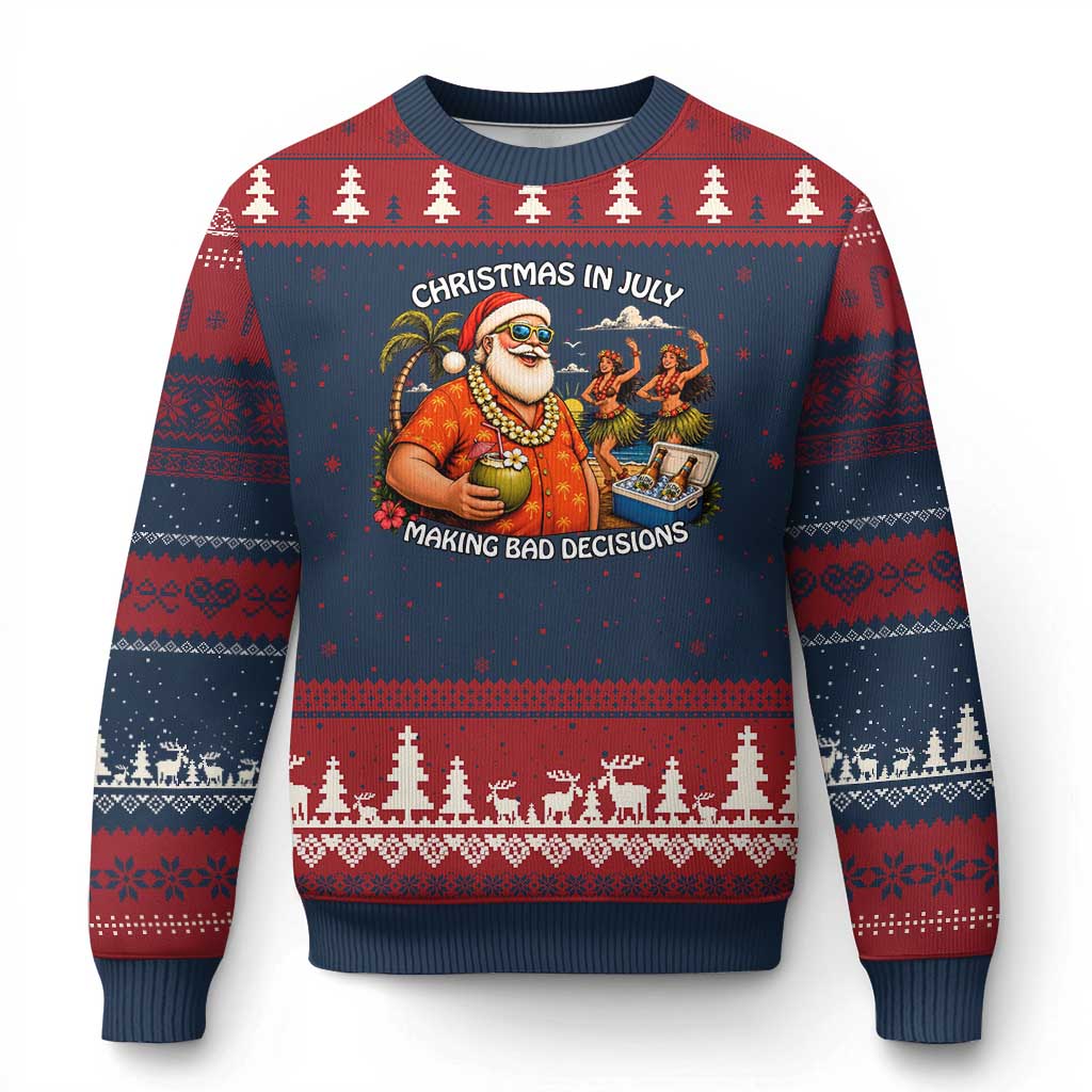 Funny Christmas in July Making Bad Decisions Ugly Christmas Sweater Tropical Santa Hawaiian Summer Holiday Party TS10 Navy Red Print Your Wear