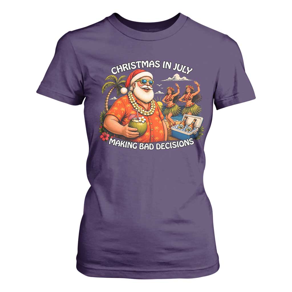 Funny Christmas in July Making Bad Decisions T Shirt For Women Tropical Santa Hawaiian Summer Holiday Party TS10 Purple Print Your Wear