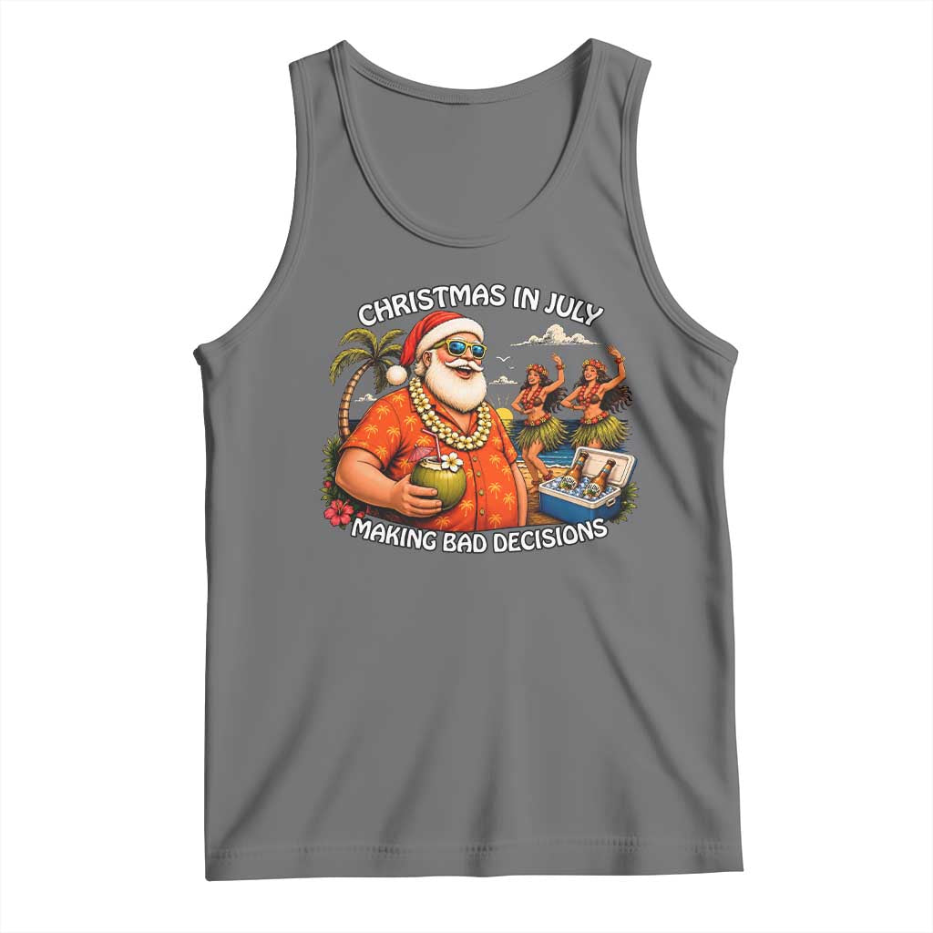 Funny Christmas in July Making Bad Decisions Tank Top Tropical Santa Hawaiian Summer Holiday Party TS10 Black Heather Print Your Wear
