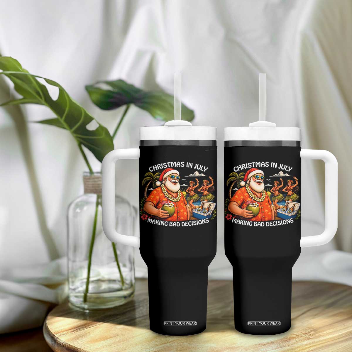 Funny Christmas in July Making Bad Decisions Tumbler With Handle Tropical Santa Hawaiian Summer Holiday Party TS10 Print Your Wear